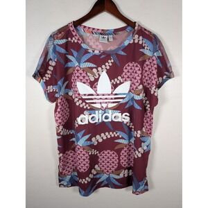 Adidas Farm Rio Shirt Womens Small Burgundy Pineapple Mesh Sheer Trefoil Tee Top